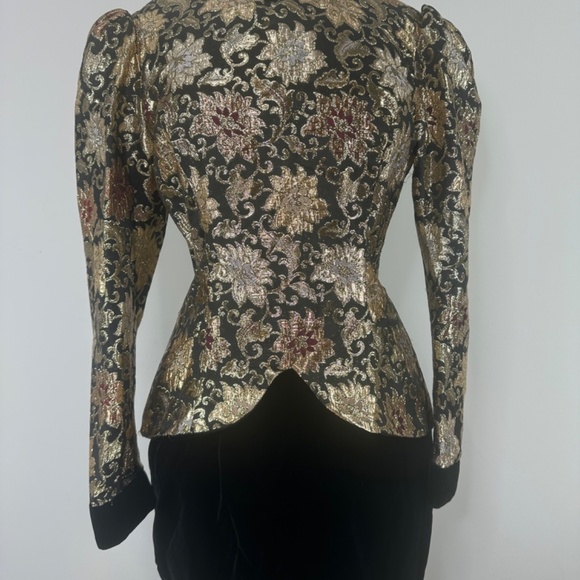 VTG JESSICA McCLINTOCK Velvet Brocade Party Dress Puff Black Gold Ball Gown 10 - Picture 4 of 16